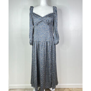 ASTR NWOT Size L Puff Sleeve Sweetheart Neck‎ Blue Floral Midi Dress
